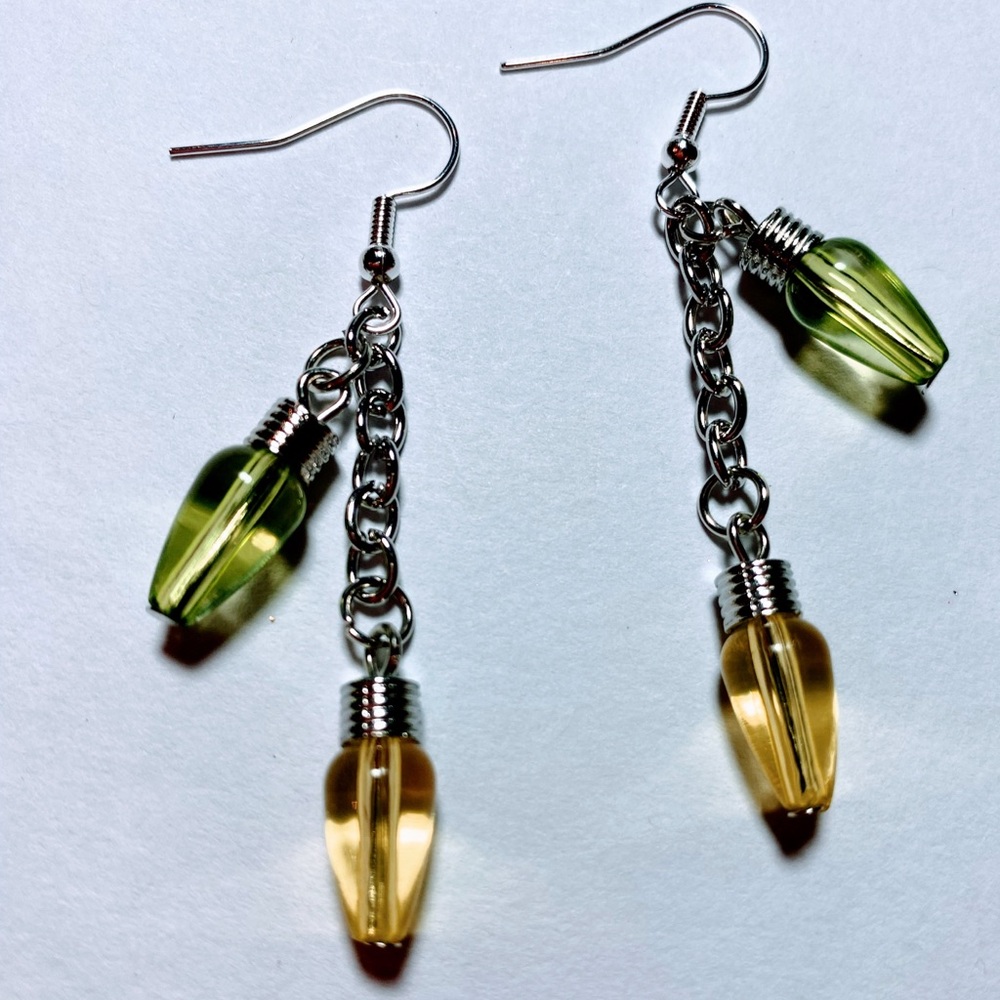 Yellow and green Christmas light bulb earrings
